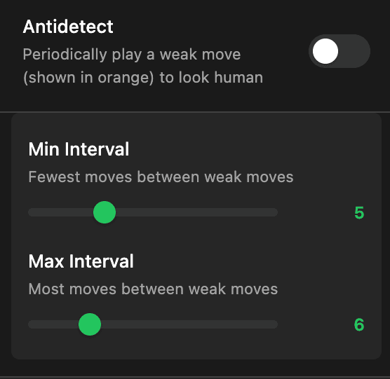 ChessHelper anti-detection settings panel