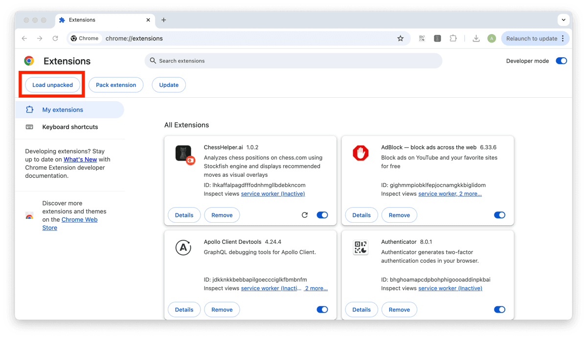 Developer mode enabled showing Load unpacked button