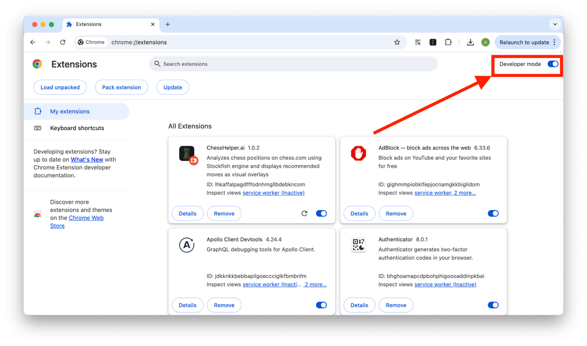 Chrome extensions page