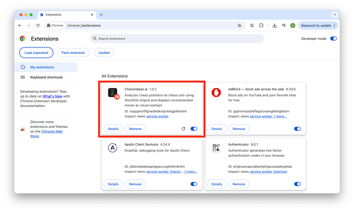 Chess Helper installed and enabled in Chrome