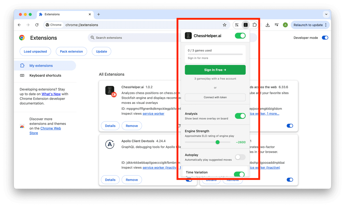 Pinning Chess Helper in Chrome toolbar