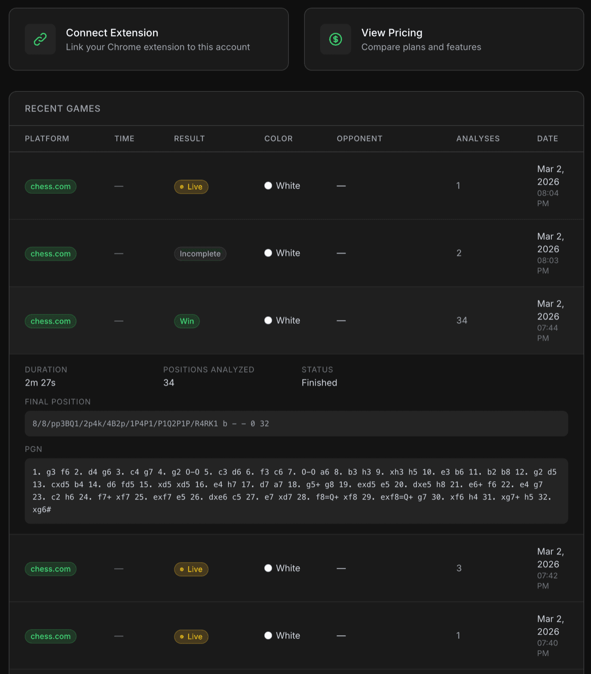 ChessHelper game analytics dashboard showing recent games with results, positions analyzed, and detailed game history