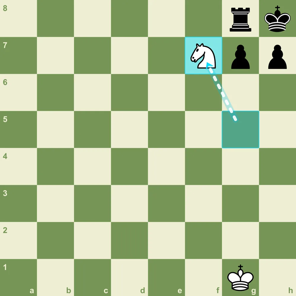 Smothered mate: a white knight delivers checkmate on f7 against a black king on h8 boxed in by its own rook on g8 and pawns on g7 and h7