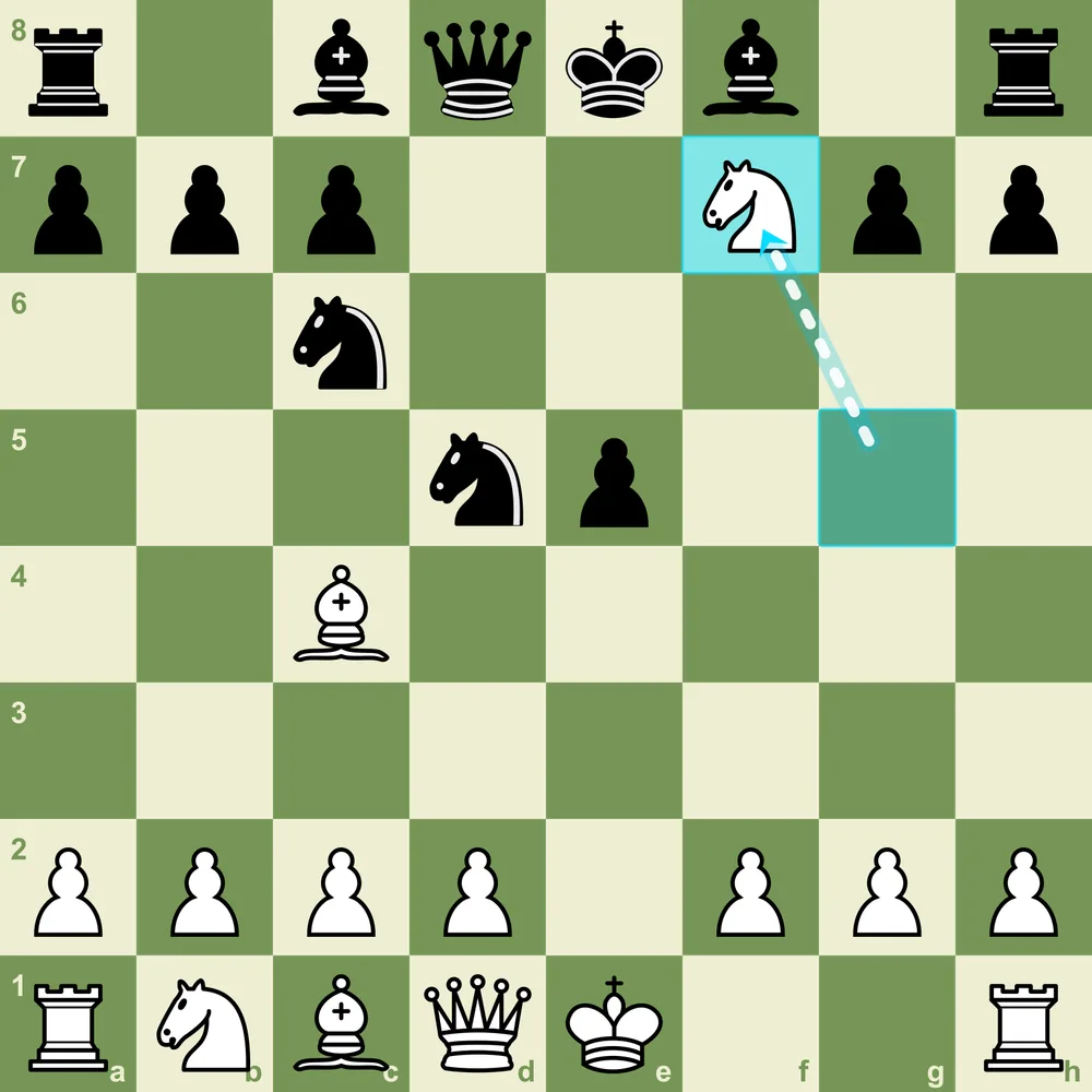 Fried Liver Attack: White sacrifices the knight with Nxf7, forking Black's queen and rook and exposing the king