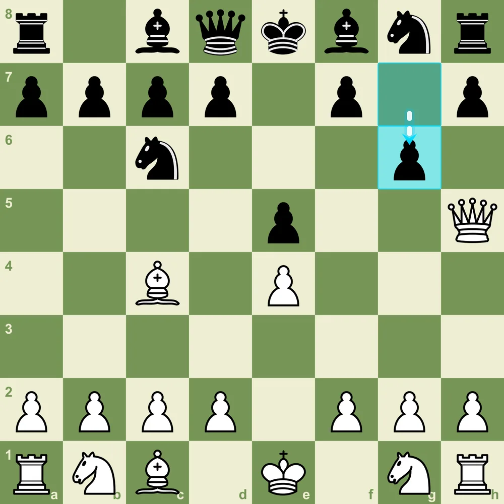 The correct defense to Scholar's Mate: Black plays g6 to attack the White queen on h5 and defend f7