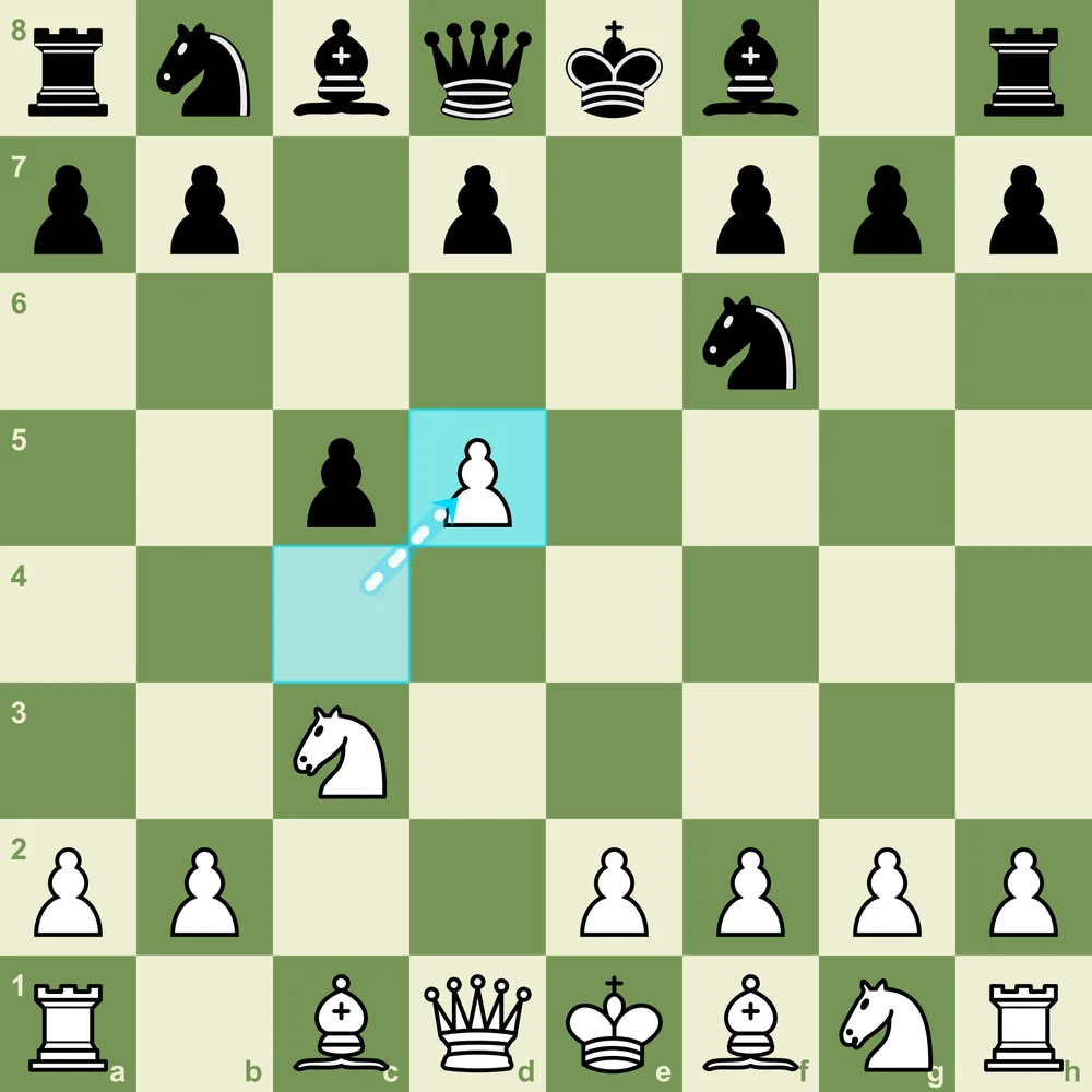 Benoni main line pawn structure after 1.d4 Nf6 2.c4 c5 3.d5 e6 4.Nc3 exd5 5.cxd5