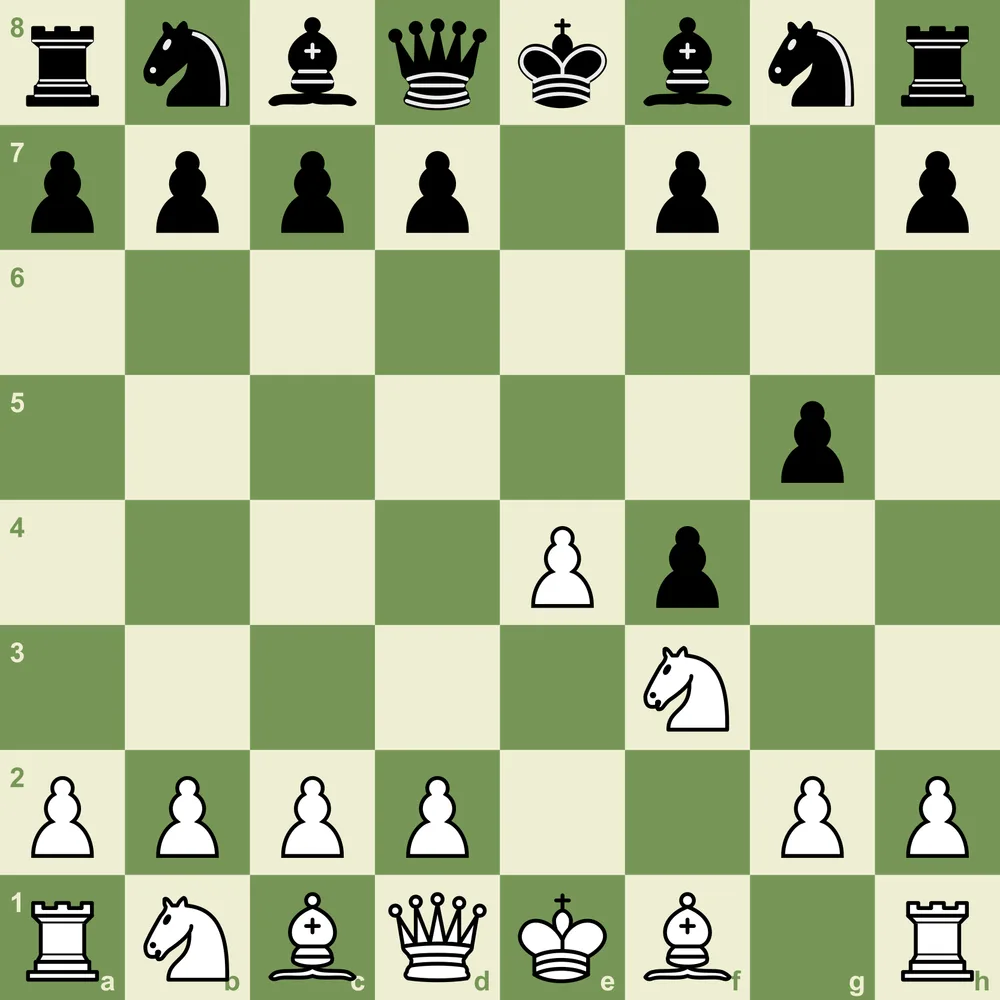 Test yourself: after 3...g5 Black clings to the f4 pawn - how should White react, and what must both sides avoid? King's Gambit quiz position after 1.e4 e5 2.f4 exf4 3.Nf3 g5