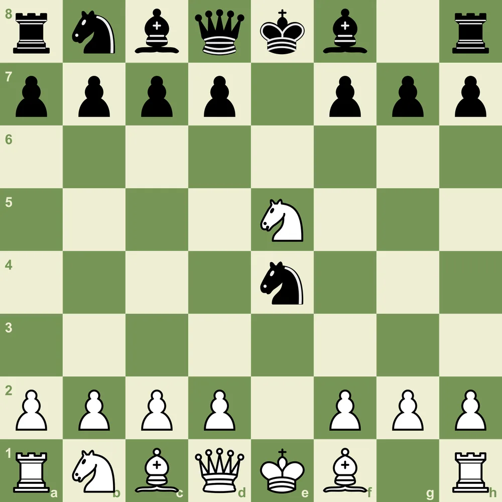 Petrov Defense quiz position after 1.e4 e5 2.Nf3 Nf6 3.Nxe5 Nxe4